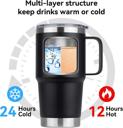 20oz Tumbler with Lid, Stainless Steel Tumbler with Handle, Metal Insulated Travel Coffee Mug with Handle, Double Wall Vacuum Spill Proof Tumbler Cup, Black 1 Pack