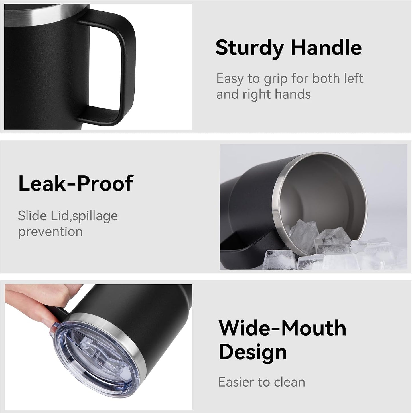 20oz Tumbler with Lid, Stainless Steel Tumbler with Handle, Metal Insulated Travel Coffee Mug with Handle, Double Wall Vacuum Spill Proof Tumbler Cup, Black 1 Pack