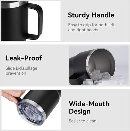 20oz Tumbler with Lid, Stainless Steel Tumbler with Handle, Metal Insulated Travel Coffee Mug with Handle, Double Wall Vacuum Spill Proof Tumbler Cup, Black 1 Pack