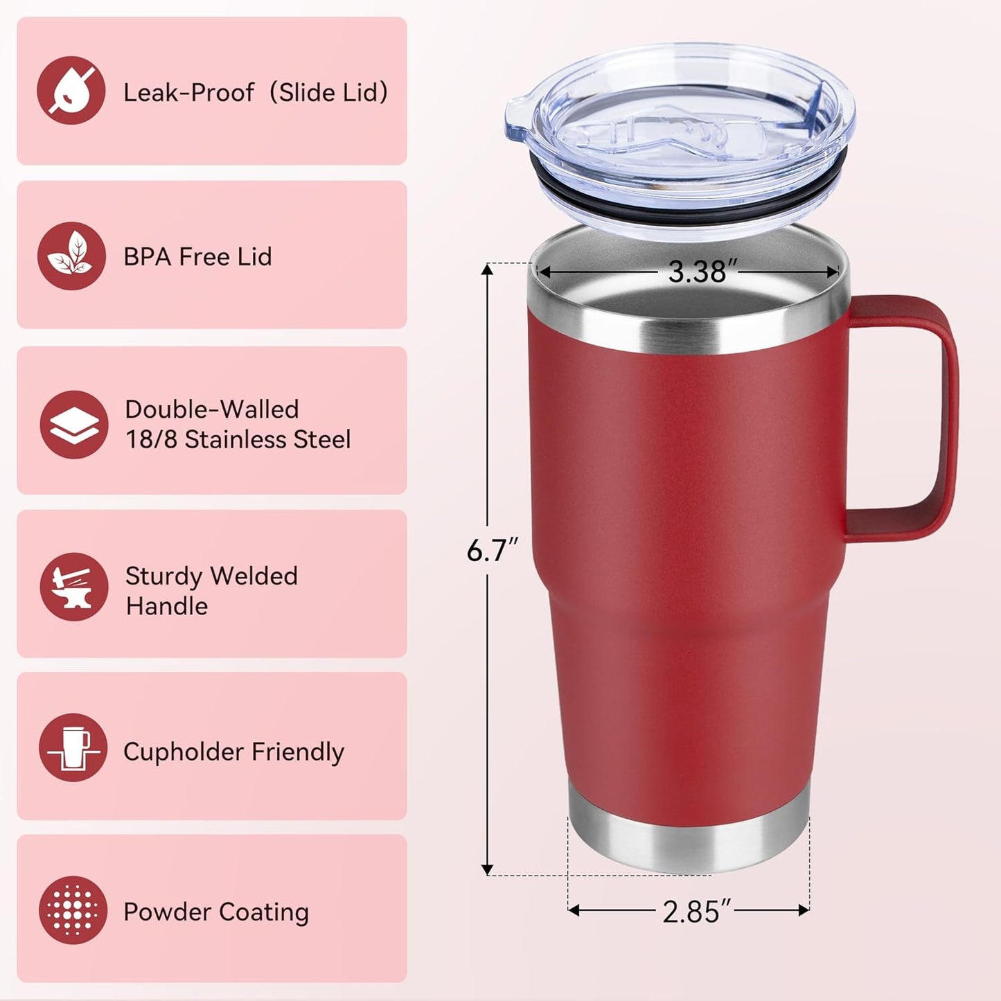 20oz Tumbler with Lid, Stainless Steel Tumbler with Handle, Metal Insulated Travel Coffee Mug with Handle, Double Wall Vacuum Spill Proof Tumbler Cup, Black 1 Pack