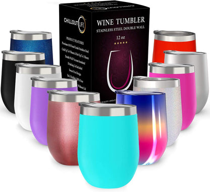 12 oz Stainless Steel Wine Tumblers 2 Pack - Double Wall Vacuum Insulated Wine Glasses Cups with Lids and Straws Set Keeping Cold & Hot for Coffee, Beer, Ice Cream - Dishwasher Safe