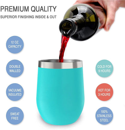 12 oz Stainless Steel Wine Tumblers 2 Pack - Double Wall Vacuum Insulated Wine Glasses Cups with Lids and Straws Set Keeping Cold & Hot for Coffee, Beer, Ice Cream - Dishwasher Safe