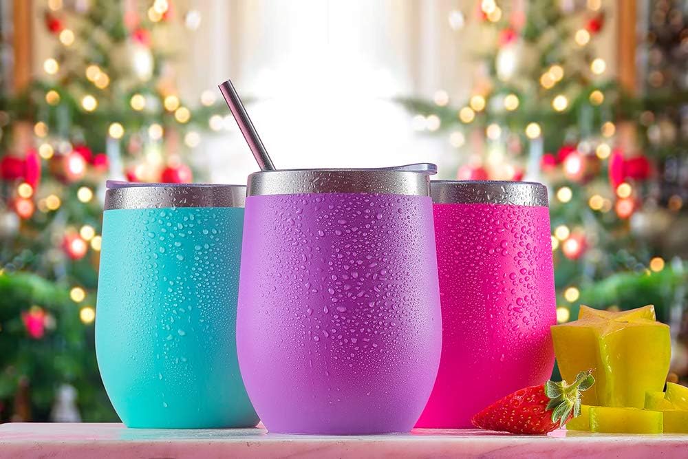 12 oz Stainless Steel Wine Tumblers 2 Pack - Double Wall Vacuum Insulated Wine Glasses Cups with Lids and Straws Set Keeping Cold & Hot for Coffee, Beer, Ice Cream - Dishwasher Safe