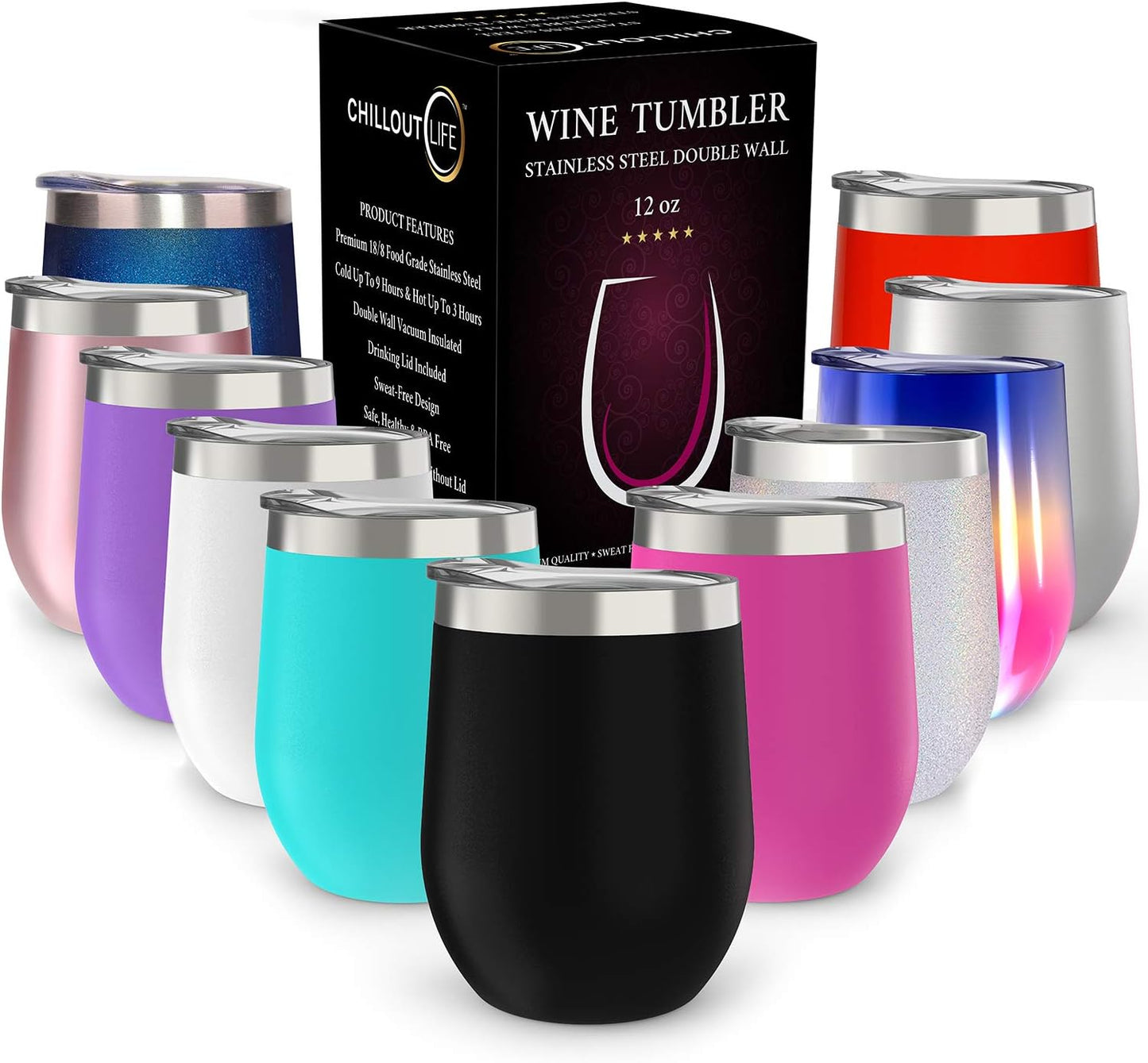 12 oz Stainless Steel Wine Tumblers 2 Pack - Double Wall Vacuum Insulated Wine Glasses Cups with Lids and Straws Set Keeping Cold & Hot for Coffee, Beer, Ice Cream - Dishwasher Safe
