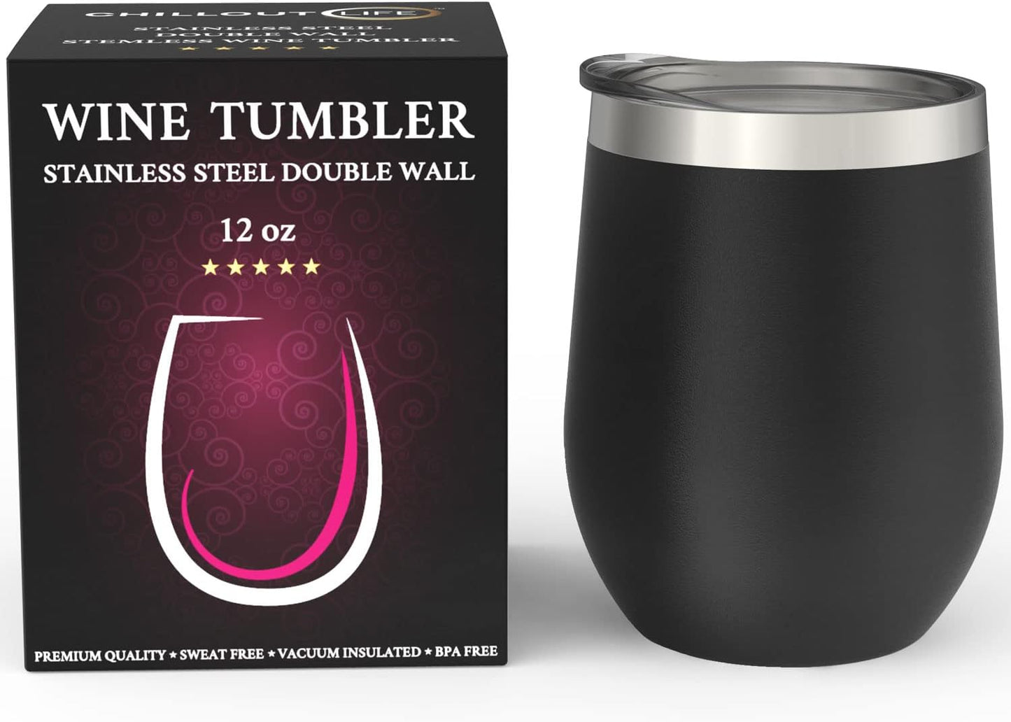 12 oz Stainless Steel Wine Tumblers 2 Pack - Double Wall Vacuum Insulated Wine Glasses Cups with Lids and Straws Set Keeping Cold & Hot for Coffee, Beer, Ice Cream - Dishwasher Safe