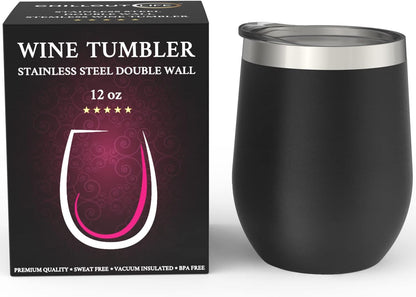 12 oz Stainless Steel Wine Tumblers 2 Pack - Double Wall Vacuum Insulated Wine Glasses Cups with Lids and Straws Set Keeping Cold & Hot for Coffee, Beer, Ice Cream - Dishwasher Safe