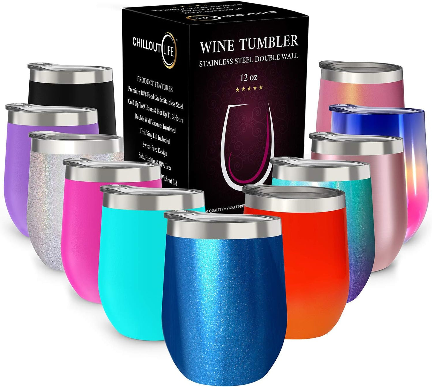 12 oz Stainless Steel Wine Tumblers 2 Pack - Double Wall Vacuum Insulated Wine Glasses Cups with Lids and Straws Set Keeping Cold & Hot for Coffee, Beer, Ice Cream - Dishwasher Safe