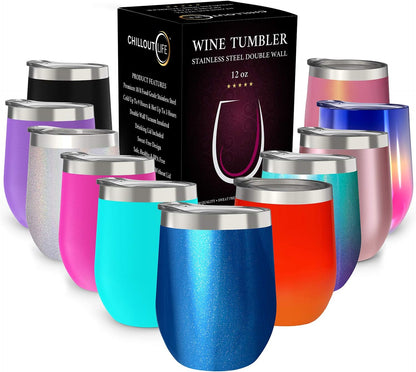 12 oz Stainless Steel Wine Tumblers 2 Pack - Double Wall Vacuum Insulated Wine Glasses Cups with Lids and Straws Set Keeping Cold & Hot for Coffee, Beer, Ice Cream - Dishwasher Safe