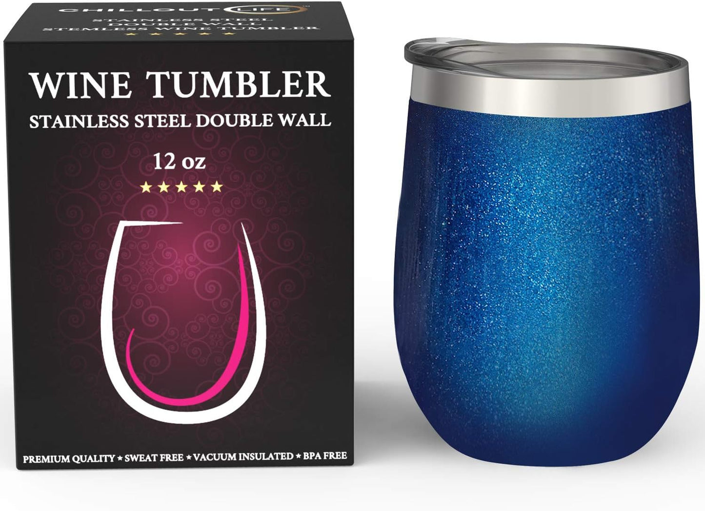 12 oz Stainless Steel Wine Tumblers 2 Pack - Double Wall Vacuum Insulated Wine Glasses Cups with Lids and Straws Set Keeping Cold & Hot for Coffee, Beer, Ice Cream - Dishwasher Safe