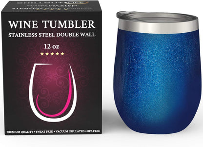 12 oz Stainless Steel Wine Tumblers 2 Pack - Double Wall Vacuum Insulated Wine Glasses Cups with Lids and Straws Set Keeping Cold & Hot for Coffee, Beer, Ice Cream - Dishwasher Safe