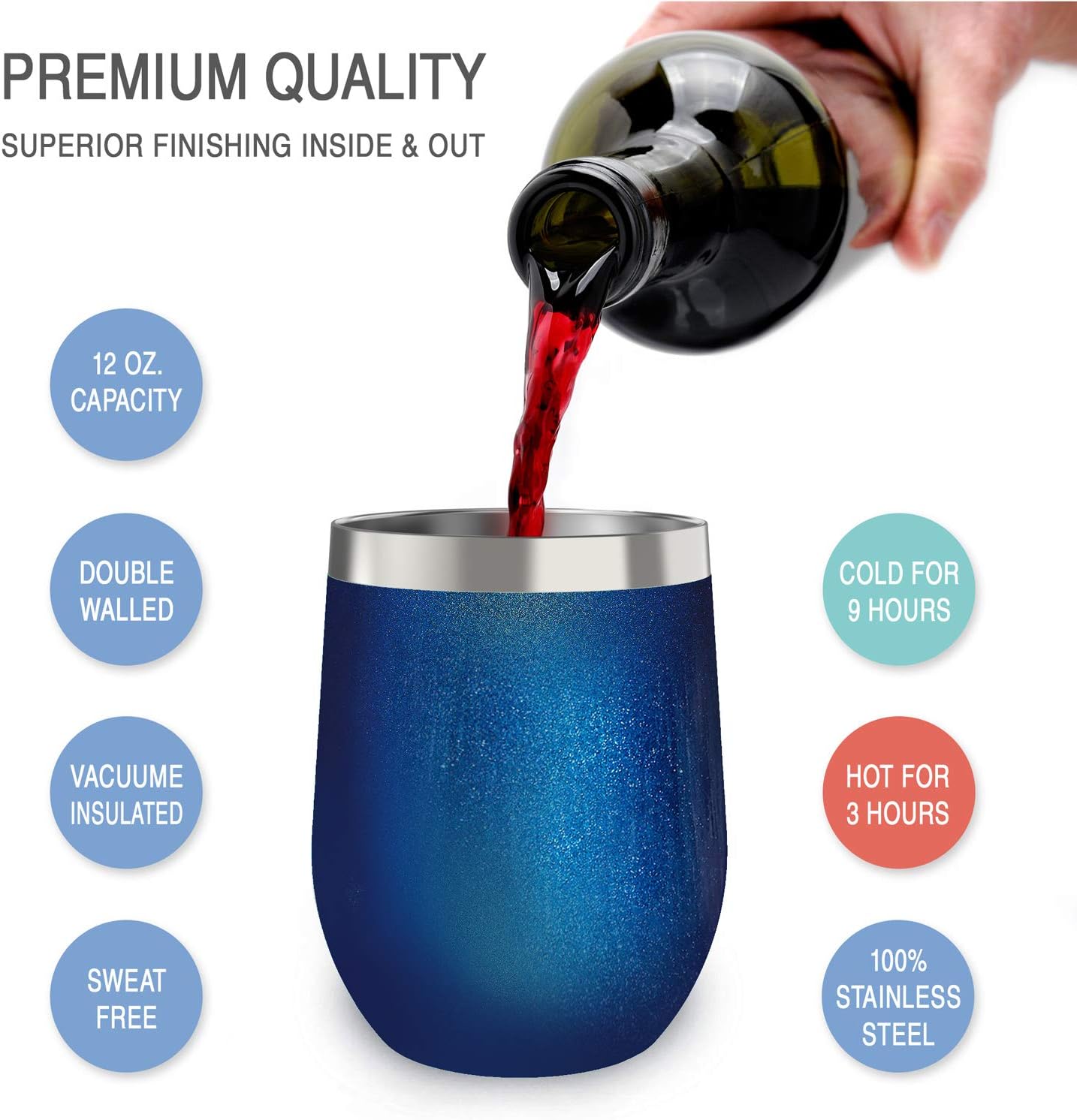 12 oz Stainless Steel Wine Tumblers 2 Pack - Double Wall Vacuum Insulated Wine Glasses Cups with Lids and Straws Set Keeping Cold & Hot for Coffee, Beer, Ice Cream - Dishwasher Safe