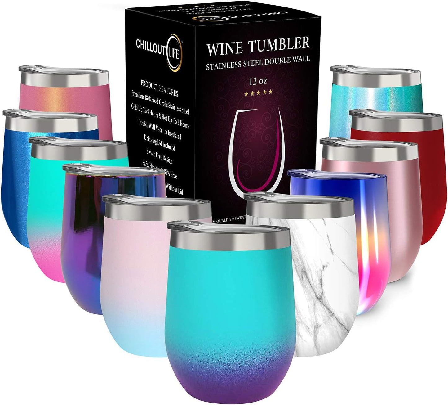 12 oz Stainless Steel Wine Tumblers 2 Pack - Double Wall Vacuum Insulated Wine Glasses Cups with Lids and Straws Set Keeping Cold & Hot for Coffee, Beer, Ice Cream - Dishwasher Safe