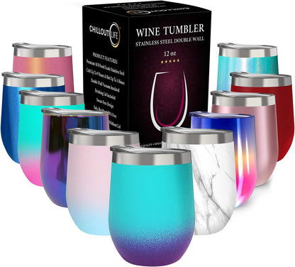 12 oz Stainless Steel Wine Tumblers 2 Pack - Double Wall Vacuum Insulated Wine Glasses Cups with Lids and Straws Set Keeping Cold & Hot for Coffee, Beer, Ice Cream - Dishwasher Safe