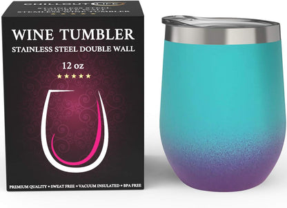 12 oz Stainless Steel Wine Tumblers 2 Pack - Double Wall Vacuum Insulated Wine Glasses Cups with Lids and Straws Set Keeping Cold & Hot for Coffee, Beer, Ice Cream - Dishwasher Safe