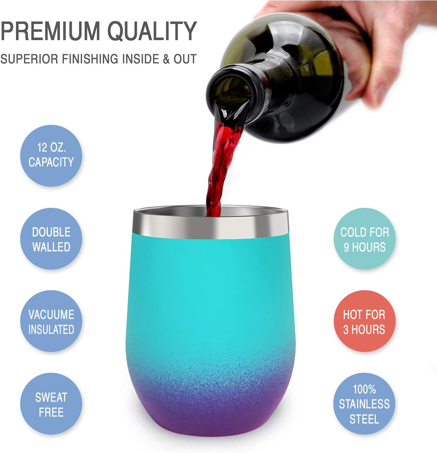 12 oz Stainless Steel Wine Tumblers 2 Pack - Double Wall Vacuum Insulated Wine Glasses Cups with Lids and Straws Set Keeping Cold & Hot for Coffee, Beer, Ice Cream - Dishwasher Safe