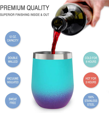 12 oz Stainless Steel Wine Tumblers 2 Pack - Double Wall Vacuum Insulated Wine Glasses Cups with Lids and Straws Set Keeping Cold & Hot for Coffee, Beer, Ice Cream - Dishwasher Safe