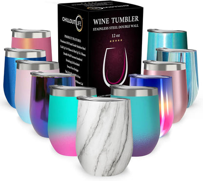 12 oz Stainless Steel Wine Tumblers 2 Pack - Double Wall Vacuum Insulated Wine Glasses Cups with Lids and Straws Set Keeping Cold & Hot for Coffee, Beer, Ice Cream - Dishwasher Safe