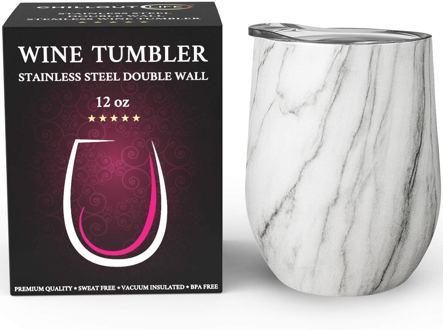 12 oz Stainless Steel Wine Tumblers 2 Pack - Double Wall Vacuum Insulated Wine Glasses Cups with Lids and Straws Set Keeping Cold & Hot for Coffee, Beer, Ice Cream - Dishwasher Safe