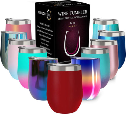 12 oz Stainless Steel Wine Tumblers 2 Pack - Double Wall Vacuum Insulated Wine Glasses Cups with Lids and Straws Set Keeping Cold & Hot for Coffee, Beer, Ice Cream - Dishwasher Safe