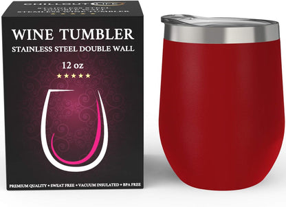 12 oz Stainless Steel Wine Tumblers 2 Pack - Double Wall Vacuum Insulated Wine Glasses Cups with Lids and Straws Set Keeping Cold & Hot for Coffee, Beer, Ice Cream - Dishwasher Safe