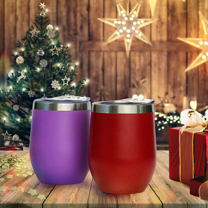 12 oz Stainless Steel Wine Tumblers 2 Pack - Double Wall Vacuum Insulated Wine Glasses Cups with Lids and Straws Set Keeping Cold & Hot for Coffee, Beer, Ice Cream - Dishwasher Safe