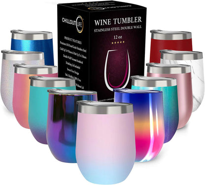 12 oz Stainless Steel Wine Tumblers 2 Pack - Double Wall Vacuum Insulated Wine Glasses Cups with Lids and Straws Set Keeping Cold & Hot for Coffee, Beer, Ice Cream - Dishwasher Safe