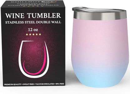 12 oz Stainless Steel Wine Tumblers 2 Pack - Double Wall Vacuum Insulated Wine Glasses Cups with Lids and Straws Set Keeping Cold & Hot for Coffee, Beer, Ice Cream - Dishwasher Safe
