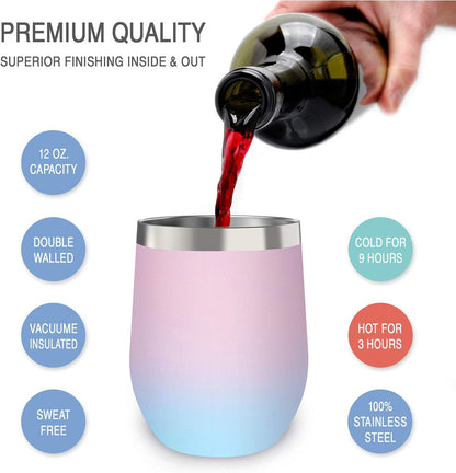 12 oz Stainless Steel Wine Tumblers 2 Pack - Double Wall Vacuum Insulated Wine Glasses Cups with Lids and Straws Set Keeping Cold & Hot for Coffee, Beer, Ice Cream - Dishwasher Safe