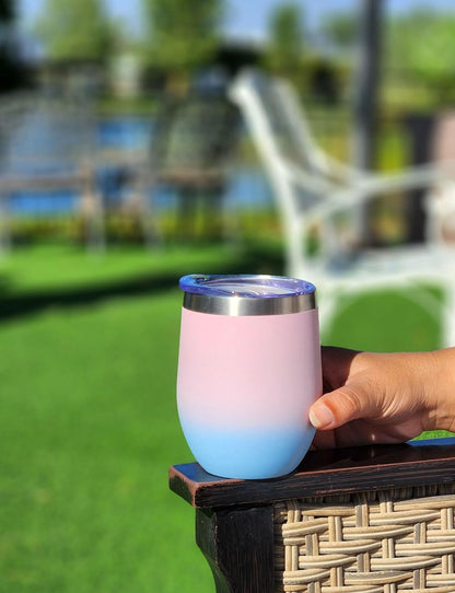 12 oz Stainless Steel Wine Tumblers 2 Pack - Double Wall Vacuum Insulated Wine Glasses Cups with Lids and Straws Set Keeping Cold & Hot for Coffee, Beer, Ice Cream - Dishwasher Safe