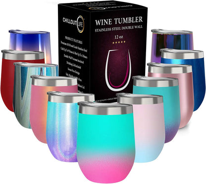 12 oz Stainless Steel Wine Tumblers 2 Pack - Double Wall Vacuum Insulated Wine Glasses Cups with Lids and Straws Set Keeping Cold & Hot for Coffee, Beer, Ice Cream - Dishwasher Safe