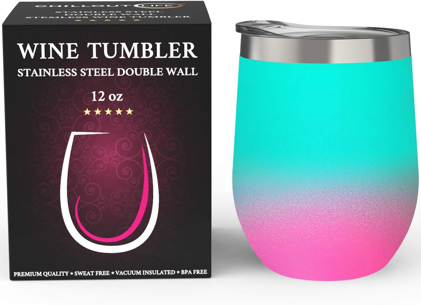 12 oz Stainless Steel Wine Tumblers 2 Pack - Double Wall Vacuum Insulated Wine Glasses Cups with Lids and Straws Set Keeping Cold & Hot for Coffee, Beer, Ice Cream - Dishwasher Safe