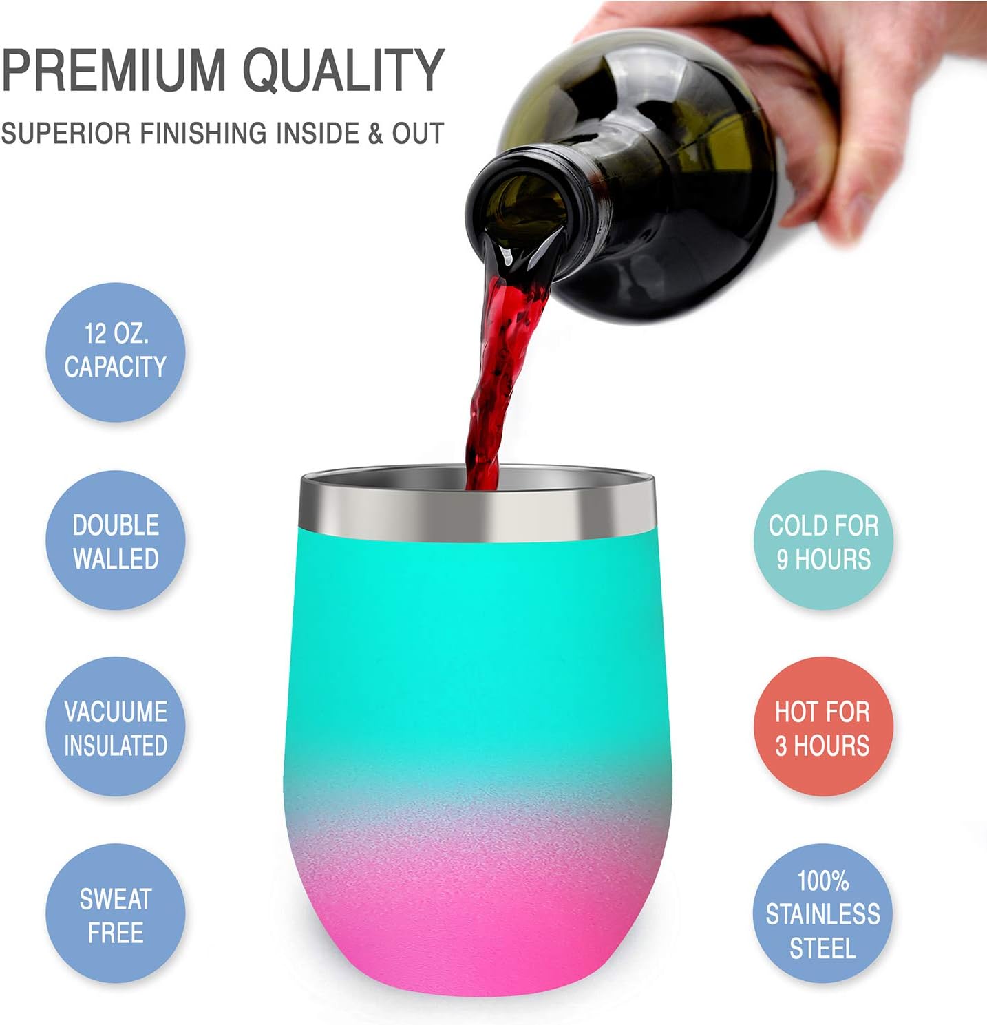 12 oz Stainless Steel Wine Tumblers 2 Pack - Double Wall Vacuum Insulated Wine Glasses Cups with Lids and Straws Set Keeping Cold & Hot for Coffee, Beer, Ice Cream - Dishwasher Safe