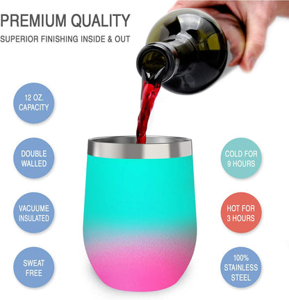 12 oz Stainless Steel Wine Tumblers 2 Pack - Double Wall Vacuum Insulated Wine Glasses Cups with Lids and Straws Set Keeping Cold & Hot for Coffee, Beer, Ice Cream - Dishwasher Safe