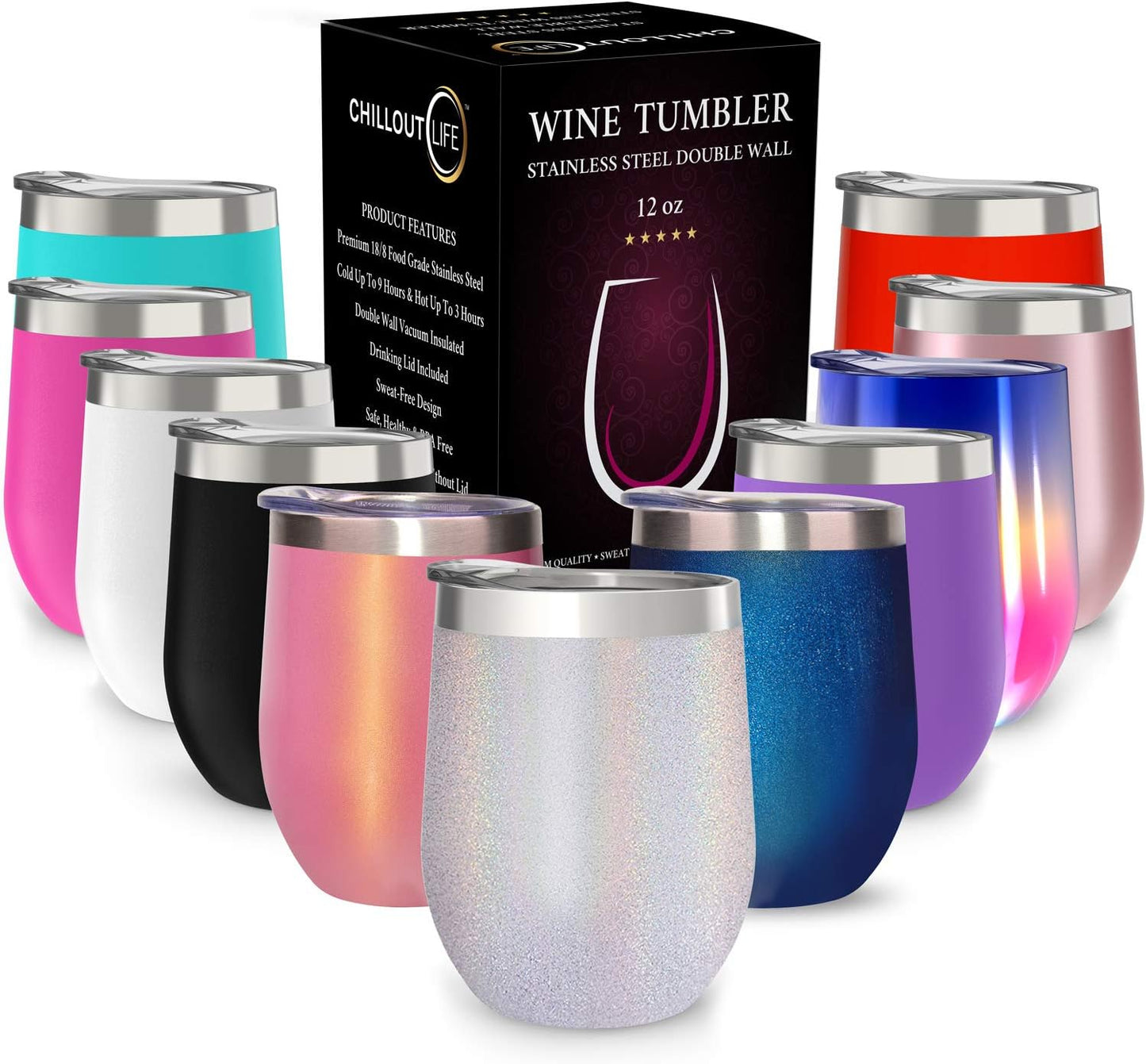 12 oz Stainless Steel Wine Tumblers 2 Pack - Double Wall Vacuum Insulated Wine Glasses Cups with Lids and Straws Set Keeping Cold & Hot for Coffee, Beer, Ice Cream - Dishwasher Safe