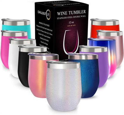 12 oz Stainless Steel Wine Tumblers 2 Pack - Double Wall Vacuum Insulated Wine Glasses Cups with Lids and Straws Set Keeping Cold & Hot for Coffee, Beer, Ice Cream - Dishwasher Safe
