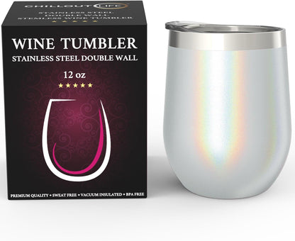 12 oz Stainless Steel Wine Tumblers 2 Pack - Double Wall Vacuum Insulated Wine Glasses Cups with Lids and Straws Set Keeping Cold & Hot for Coffee, Beer, Ice Cream - Dishwasher Safe