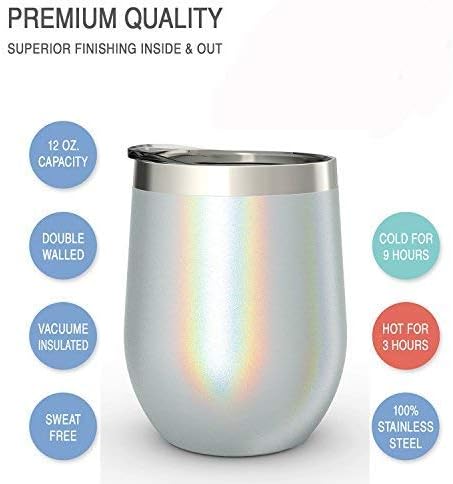 12 oz Stainless Steel Wine Tumblers 2 Pack - Double Wall Vacuum Insulated Wine Glasses Cups with Lids and Straws Set Keeping Cold & Hot for Coffee, Beer, Ice Cream - Dishwasher Safe