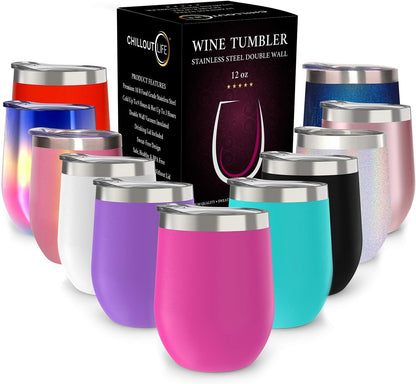 12 oz Stainless Steel Wine Tumblers 2 Pack - Double Wall Vacuum Insulated Wine Glasses Cups with Lids and Straws Set Keeping Cold & Hot for Coffee, Beer, Ice Cream - Dishwasher Safe