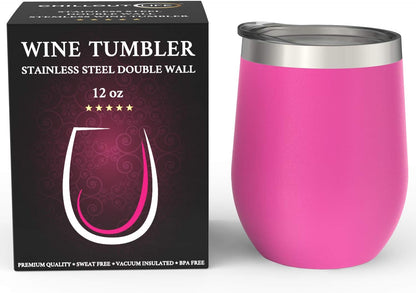 12 oz Stainless Steel Wine Tumblers 2 Pack - Double Wall Vacuum Insulated Wine Glasses Cups with Lids and Straws Set Keeping Cold & Hot for Coffee, Beer, Ice Cream - Dishwasher Safe
