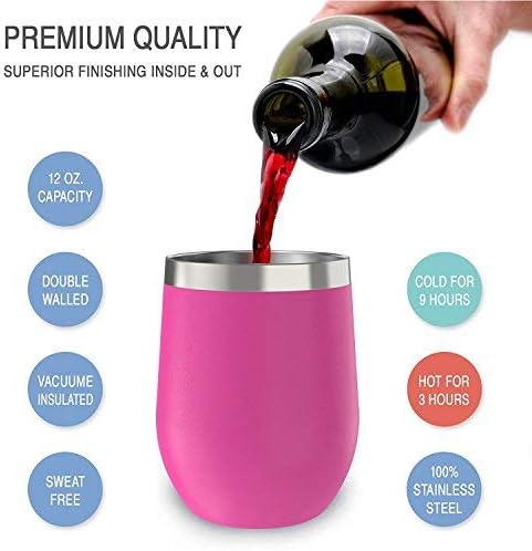 12 oz Stainless Steel Wine Tumblers 2 Pack - Double Wall Vacuum Insulated Wine Glasses Cups with Lids and Straws Set Keeping Cold & Hot for Coffee, Beer, Ice Cream - Dishwasher Safe