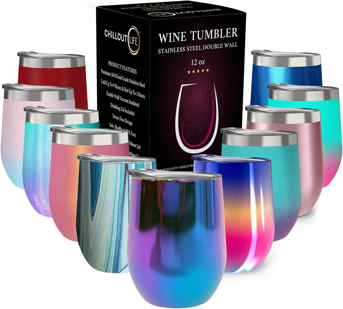12 oz Stainless Steel Wine Tumblers 2 Pack - Double Wall Vacuum Insulated Wine Glasses Cups with Lids and Straws Set Keeping Cold & Hot for Coffee, Beer, Ice Cream - Dishwasher Safe
