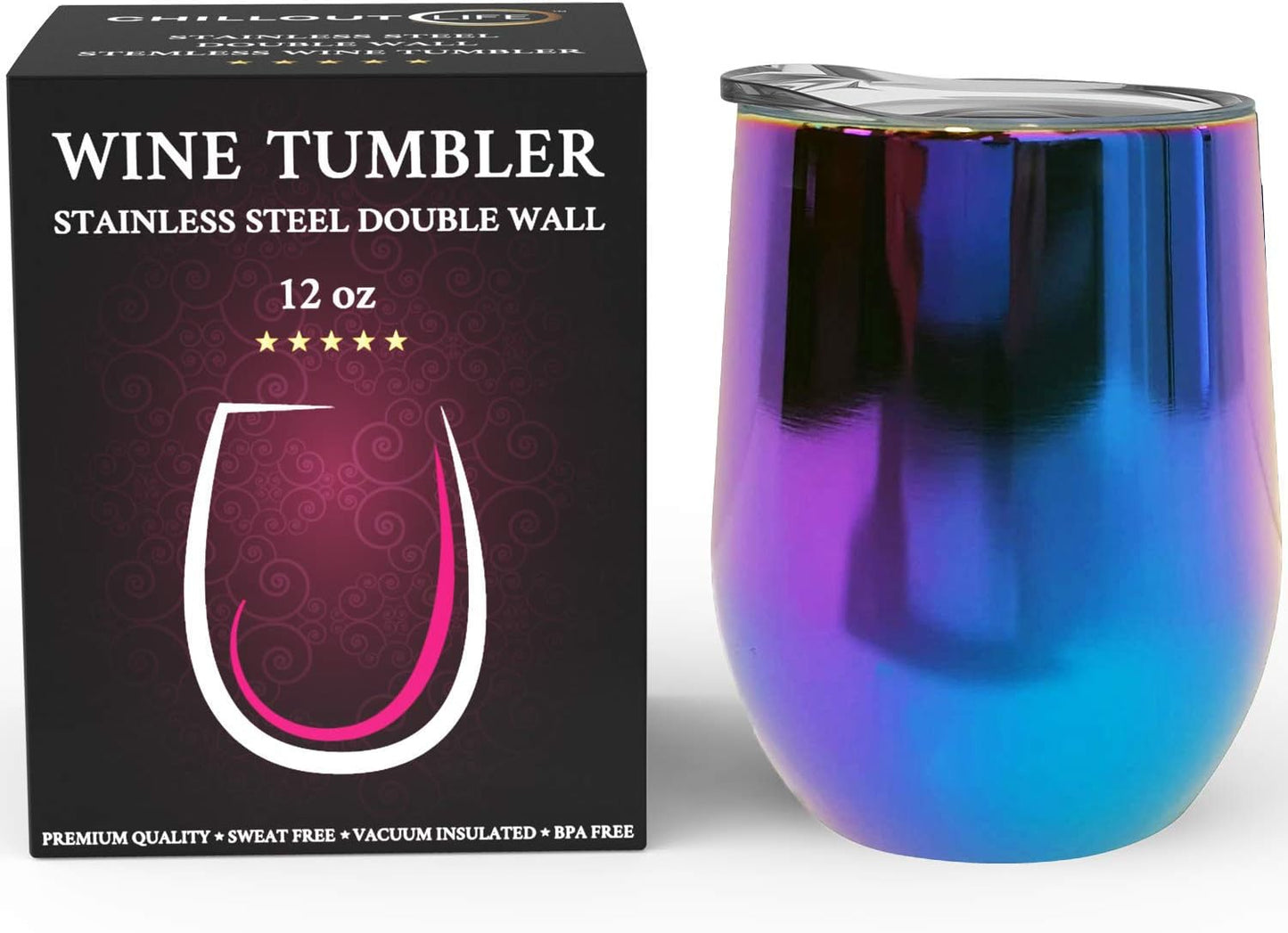 12 oz Stainless Steel Wine Tumblers 2 Pack - Double Wall Vacuum Insulated Wine Glasses Cups with Lids and Straws Set Keeping Cold & Hot for Coffee, Beer, Ice Cream - Dishwasher Safe