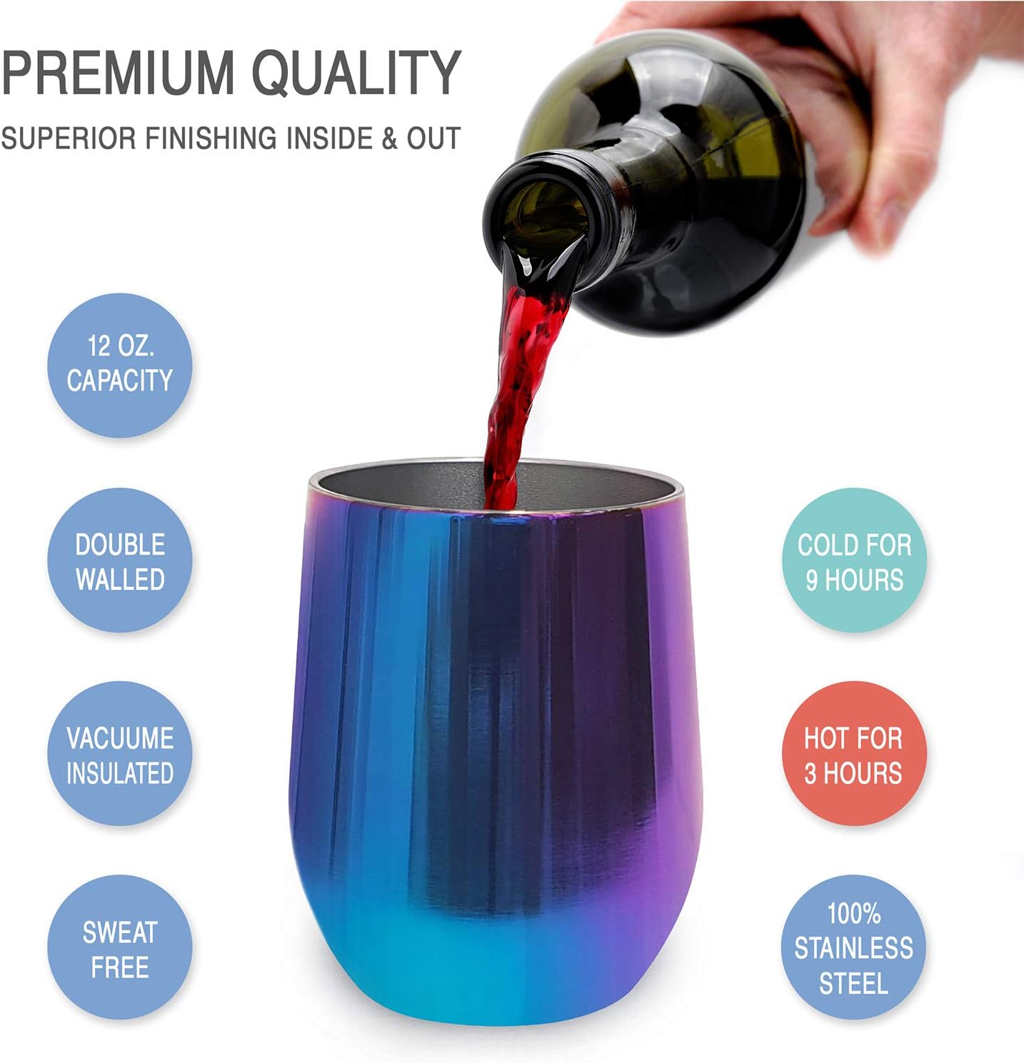 12 oz Stainless Steel Wine Tumblers 2 Pack - Double Wall Vacuum Insulated Wine Glasses Cups with Lids and Straws Set Keeping Cold & Hot for Coffee, Beer, Ice Cream - Dishwasher Safe