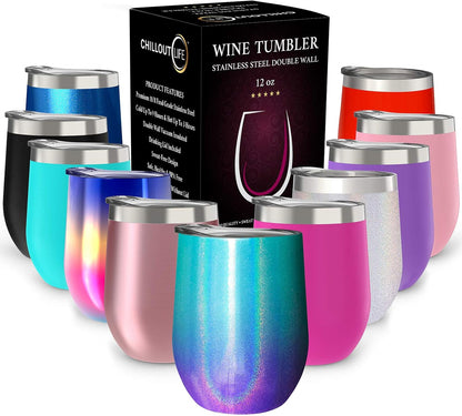 12 oz Stainless Steel Wine Tumblers 2 Pack - Double Wall Vacuum Insulated Wine Glasses Cups with Lids and Straws Set Keeping Cold & Hot for Coffee, Beer, Ice Cream - Dishwasher Safe