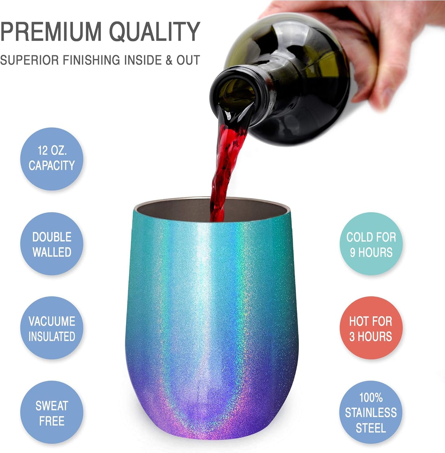 12 oz Stainless Steel Wine Tumblers 2 Pack - Double Wall Vacuum Insulated Wine Glasses Cups with Lids and Straws Set Keeping Cold & Hot for Coffee, Beer, Ice Cream - Dishwasher Safe