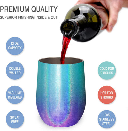 12 oz Stainless Steel Wine Tumblers 2 Pack - Double Wall Vacuum Insulated Wine Glasses Cups with Lids and Straws Set Keeping Cold & Hot for Coffee, Beer, Ice Cream - Dishwasher Safe