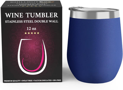 12 oz Stainless Steel Wine Tumblers 2 Pack - Double Wall Vacuum Insulated Wine Glasses Cups with Lids and Straws Set Keeping Cold & Hot for Coffee, Beer, Ice Cream - Dishwasher Safe