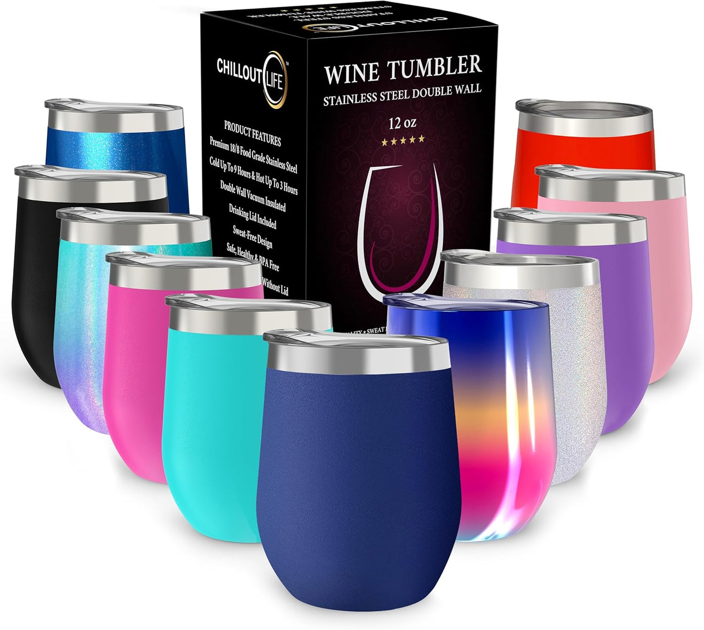 12 oz Stainless Steel Wine Tumblers 2 Pack - Double Wall Vacuum Insulated Wine Glasses Cups with Lids and Straws Set Keeping Cold & Hot for Coffee, Beer, Ice Cream - Dishwasher Safe