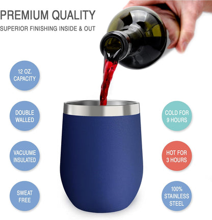 12 oz Stainless Steel Wine Tumblers 2 Pack - Double Wall Vacuum Insulated Wine Glasses Cups with Lids and Straws Set Keeping Cold & Hot for Coffee, Beer, Ice Cream - Dishwasher Safe