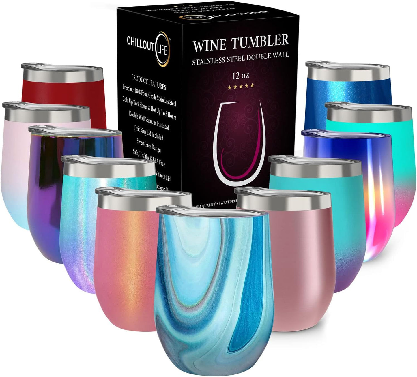 12 oz Stainless Steel Wine Tumblers 2 Pack - Double Wall Vacuum Insulated Wine Glasses Cups with Lids and Straws Set Keeping Cold & Hot for Coffee, Beer, Ice Cream - Dishwasher Safe